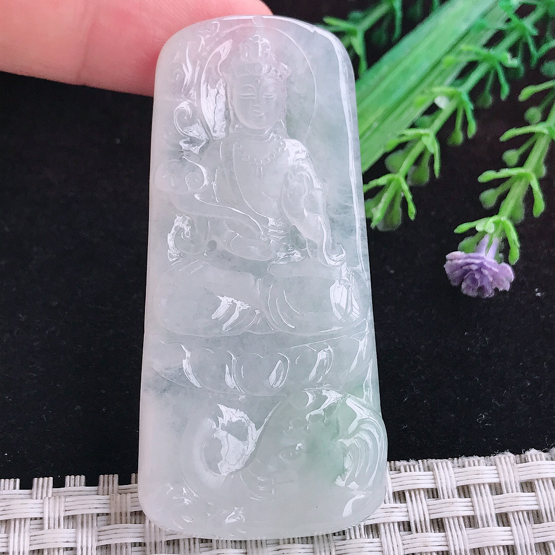 实拍A货翡翠65/30.6/6.1老坑冰润起胶普贤菩萨吊坠翡翠玉观音挂件