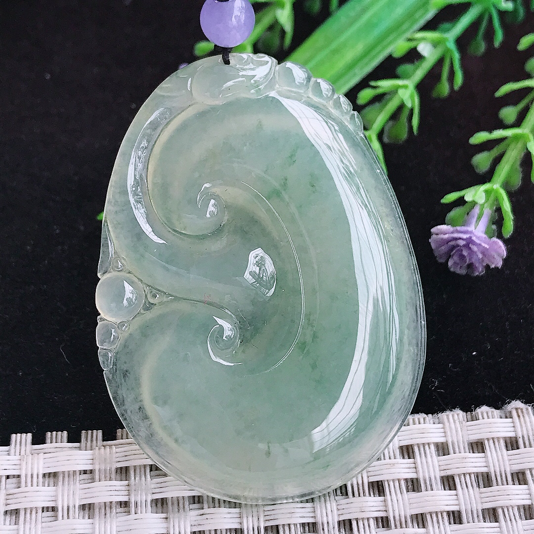 实拍A货翡翠51/38/5.8老坑冰种冰晴绿大如意吊坠翡翠玉挂件