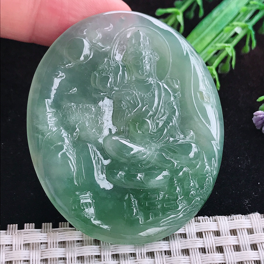 实拍A货翡翠56.8/48.5/5老坑冰胶满绿大势至菩萨吊坠翡翠玉观音挂件