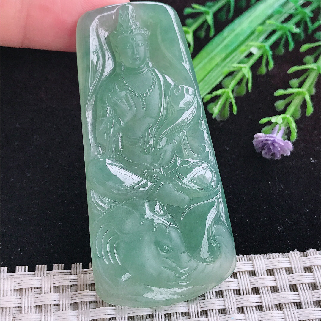 实拍A货翡翠66.8/33.3/6老坑冰润冰胶满绿普贤菩萨吊坠翡翠玉挂件