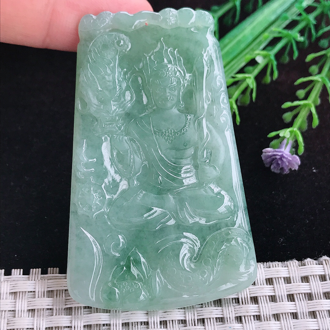 实拍A货翡翠66/42/4.8老坑温润满色不动明王吊坠翡翠玉鸡守护神挂件