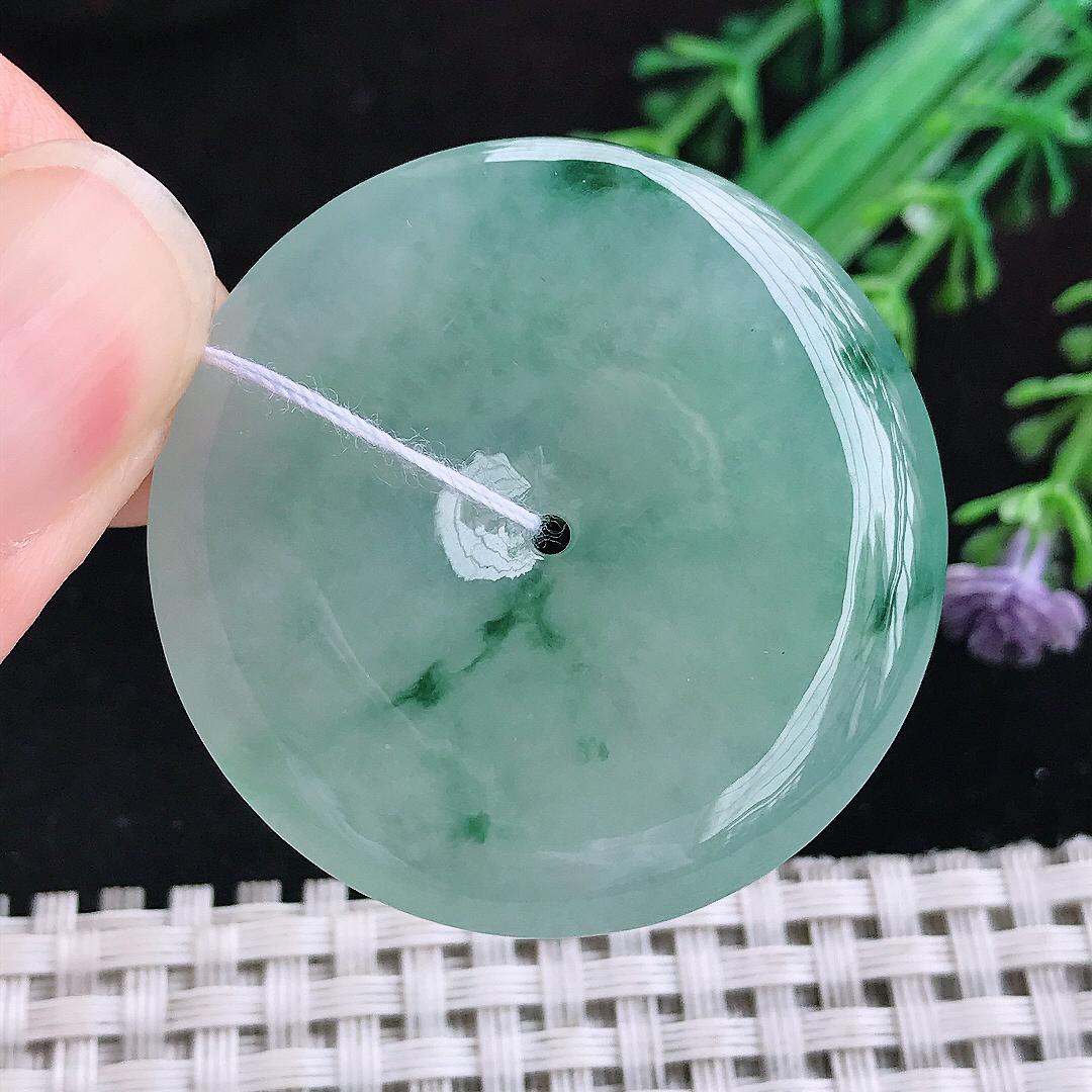实拍A货翡翠38/6.3老坑冰胶飘花大平安扣吊坠翡翠玉挂件