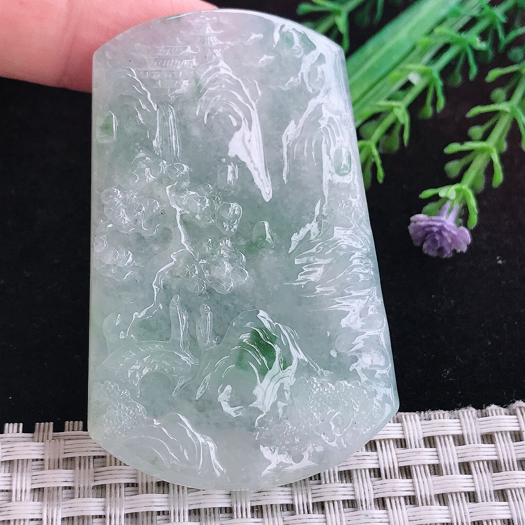 实拍A货翡翠65/42/5.8老坑冰胶飘花山水牌吊坠翡翠玉挂件