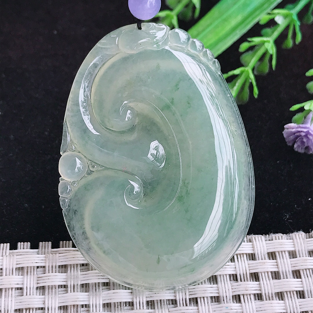 实拍A货翡翠51/38/5.8老坑冰种冰晴绿大如意吊坠翡翠玉挂件