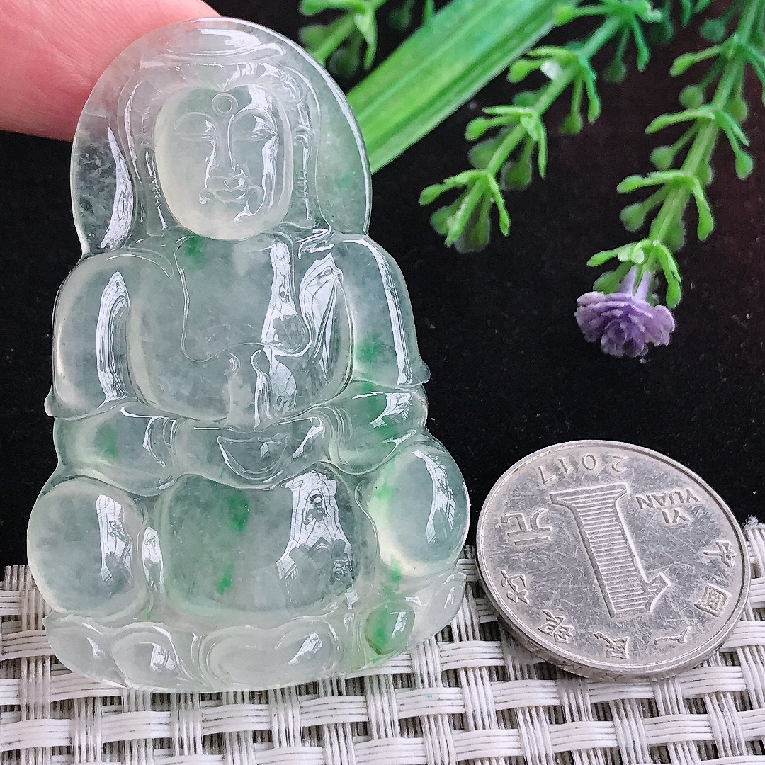 实拍A货翡翠58.3/38/5.3老坑飘阳绿高冰种观音菩萨吊坠正装玉观音挂件