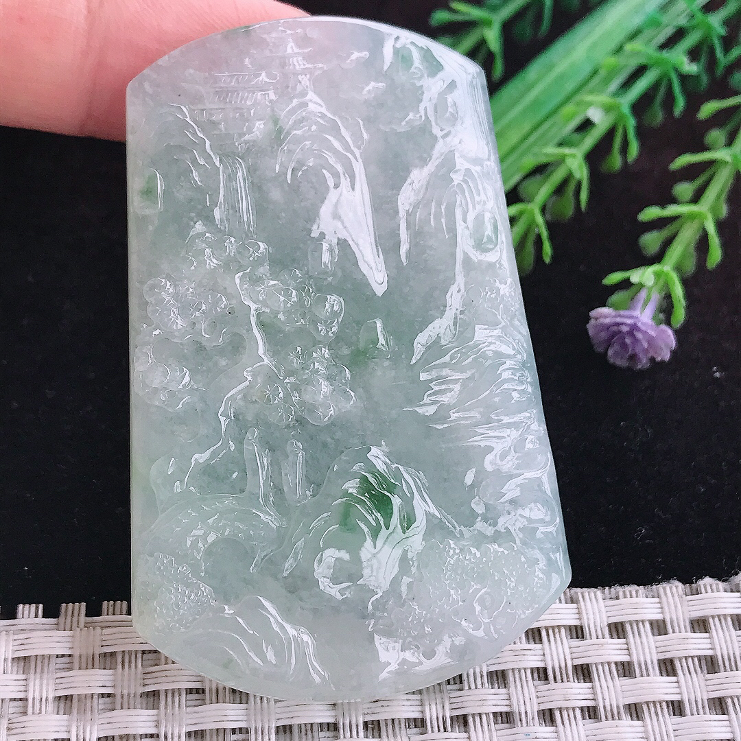 实拍A货翡翠65/42/5.8老坑冰胶飘花山水牌吊坠翡翠玉挂件