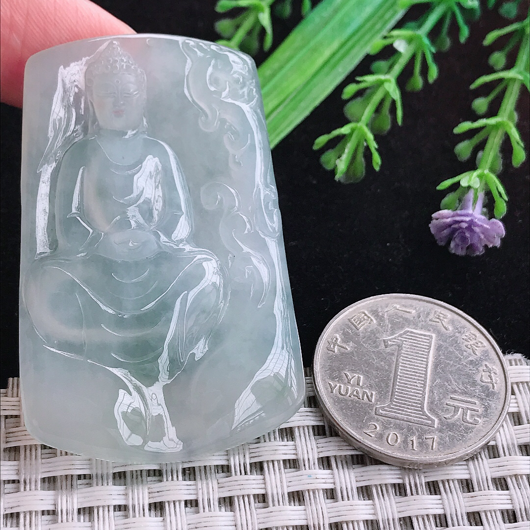 实拍A货翡翠51.6/34/5老坑冰润起胶白冰大日如来佛吊坠翡翠玉挂件