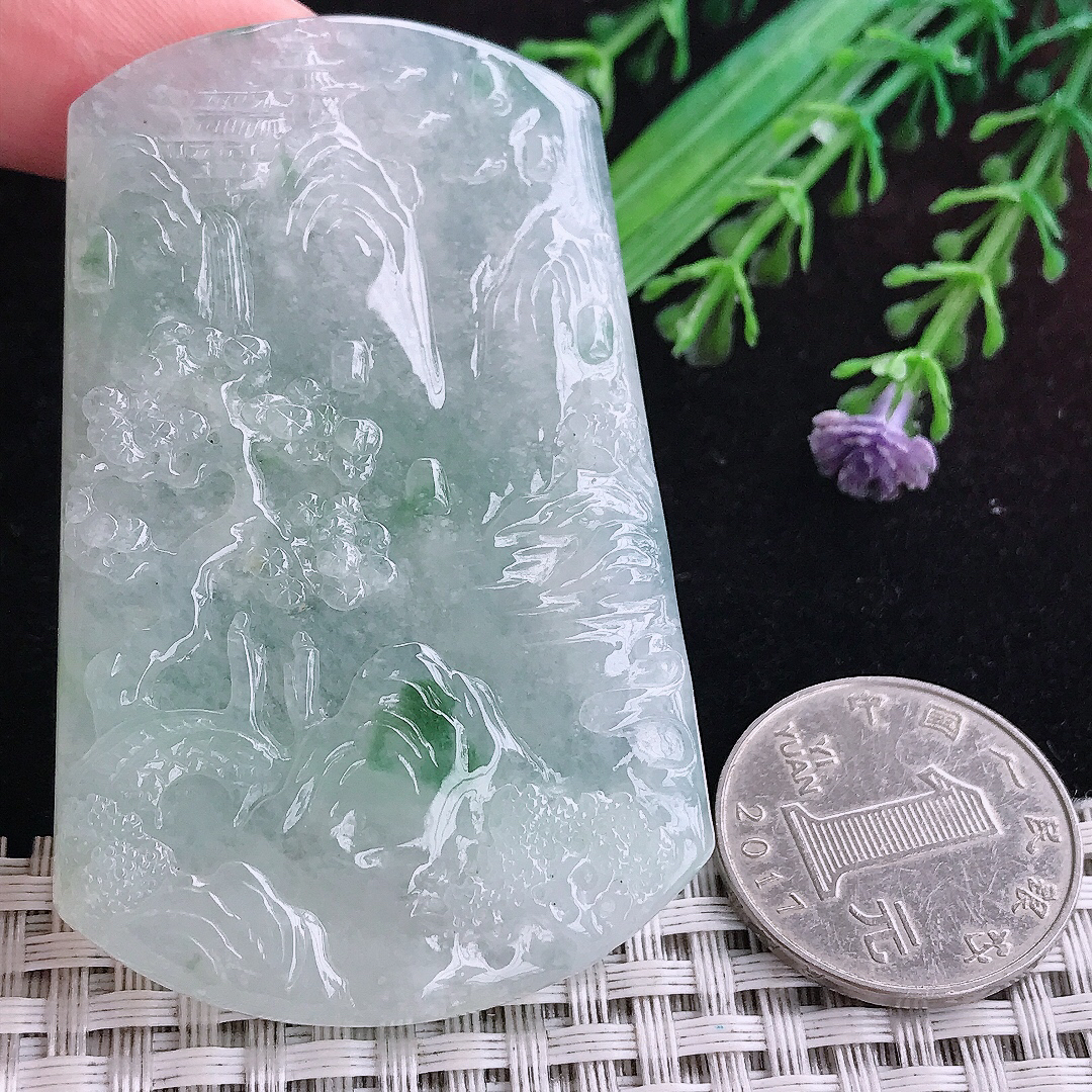 实拍A货翡翠65/42/5.8老坑冰胶飘花山水牌吊坠翡翠玉挂件
