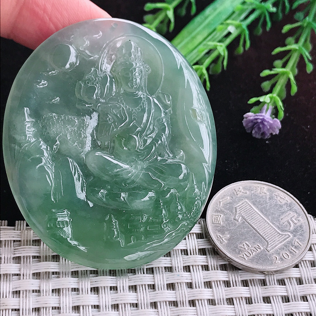 实拍A货翡翠56.8/48.5/5老坑冰胶满绿大势至菩萨吊坠翡翠玉观音挂件