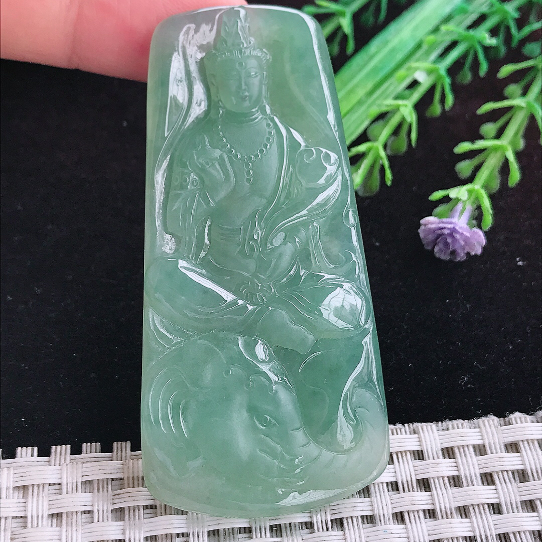 实拍A货翡翠66.8/33.3/6老坑冰润冰胶满绿普贤菩萨吊坠翡翠玉挂件