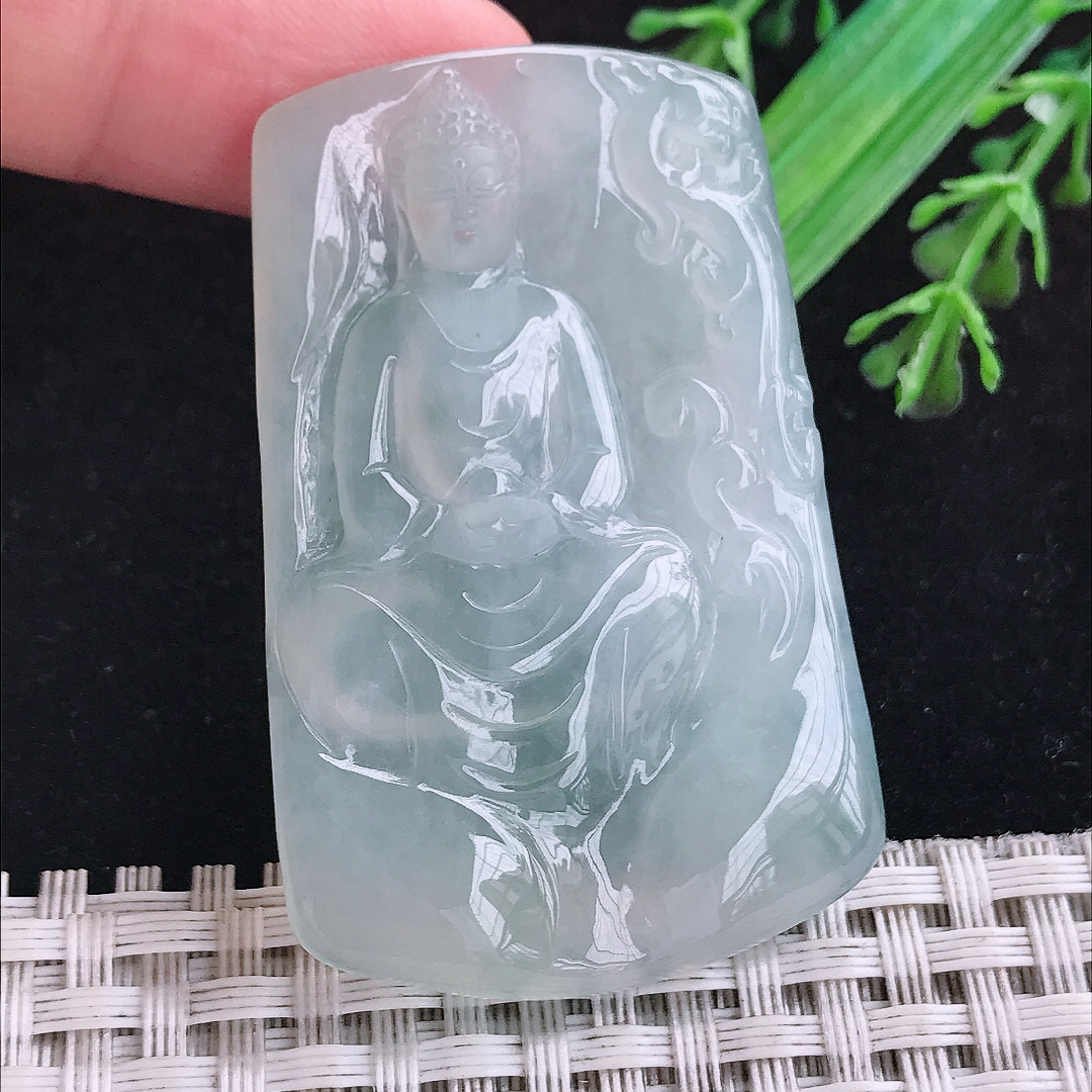 实拍A货翡翠51.6/34/5老坑冰润起胶白冰大日如来佛吊坠翡翠玉挂件