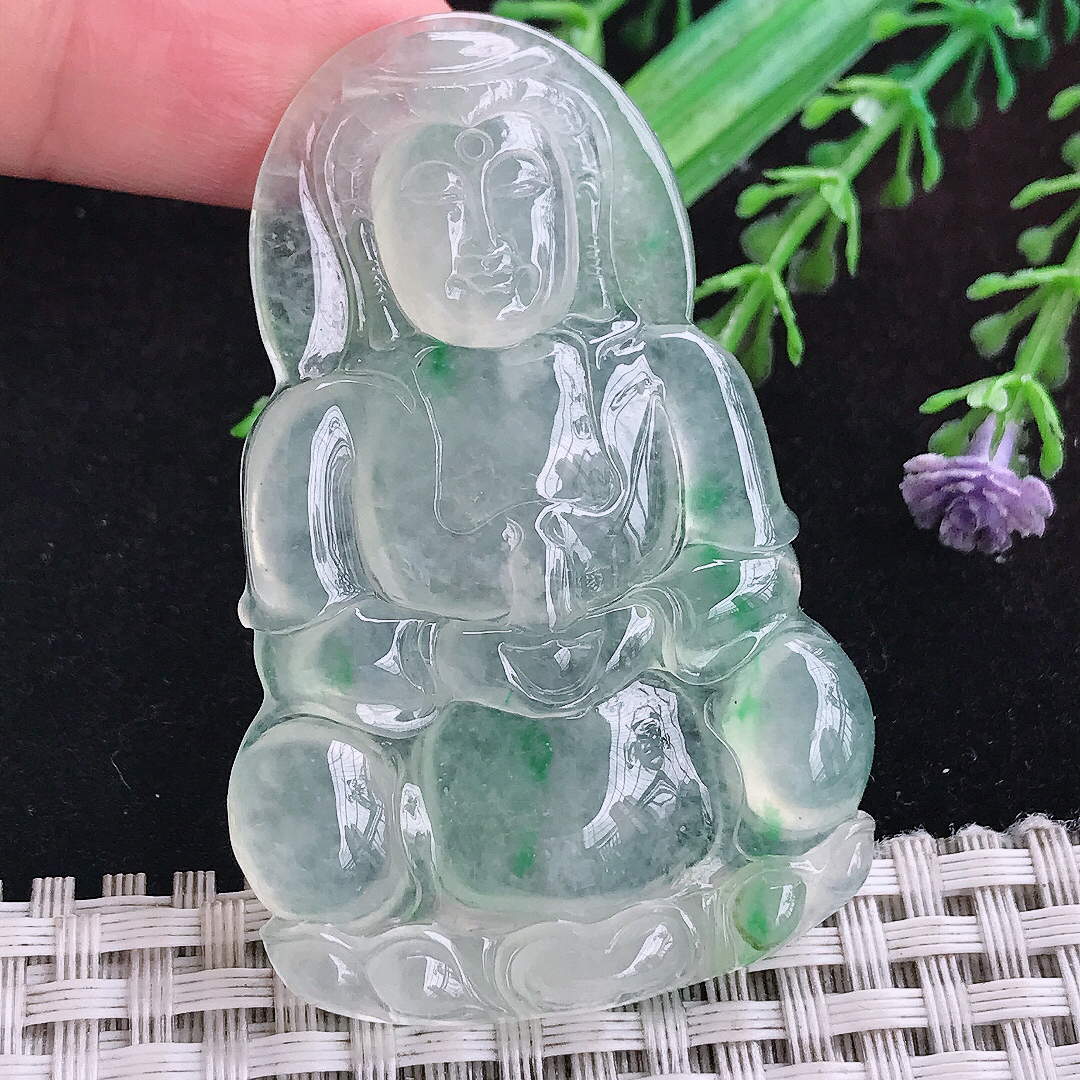 实拍A货翡翠58.3/38/5.3老坑飘阳绿高冰种观音菩萨吊坠正装玉观音挂件