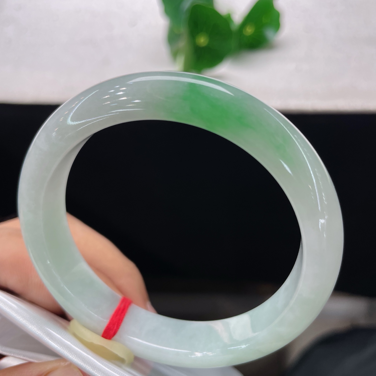 【翡翠手镯】圈口56.8/12.5/8.2，飘绿正圈，56/57可戴，仿若烟汀浮翠，质地澄澈温润。晕开一抹俏阳绿。无裂。