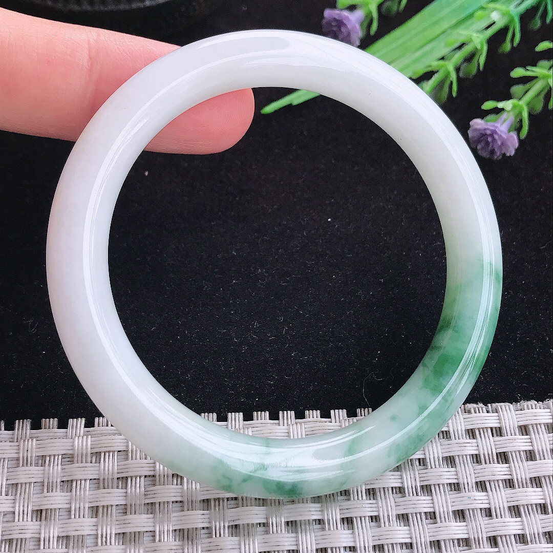 实拍A货翡翠53/8.6/8.5老坑冰润飘花圆条手镯天然玉镯平安镯女款