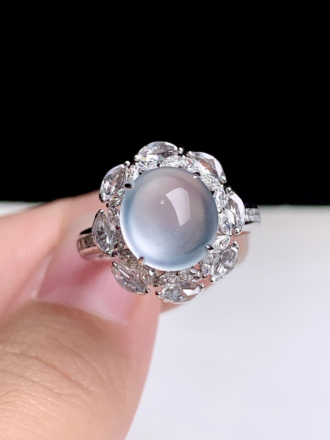 ️冰玻种蛋面戒指，18k金钻镶嵌，15.5-14.5-11.5