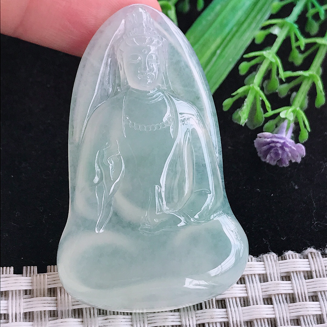 实拍A货翡翠53/33/6老坑冰种冰晴素衣观音吊坠翡翠玉挂件