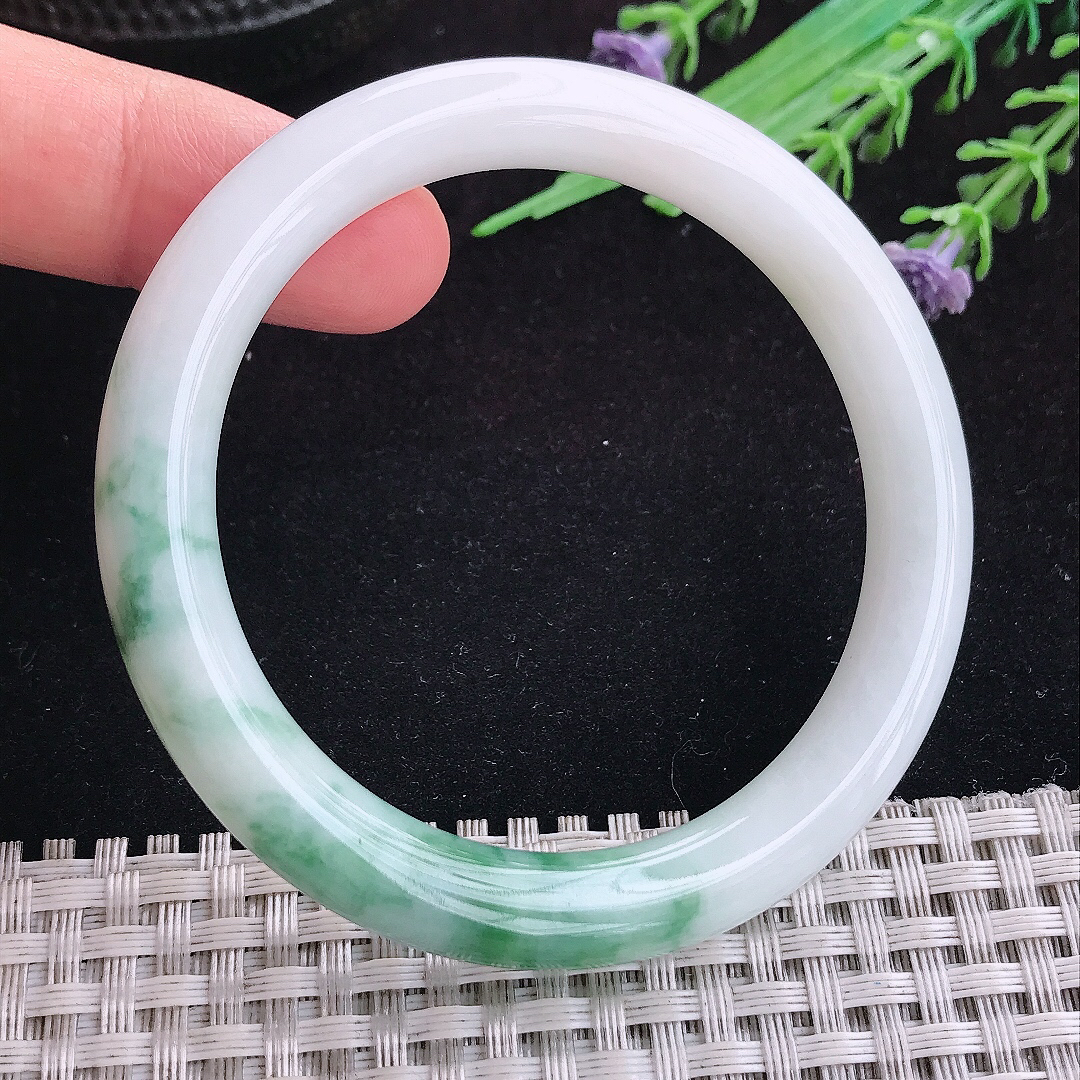 实拍A货翡翠53/8.6/8.5老坑冰润飘花圆条手镯天然玉镯平安镯女款
