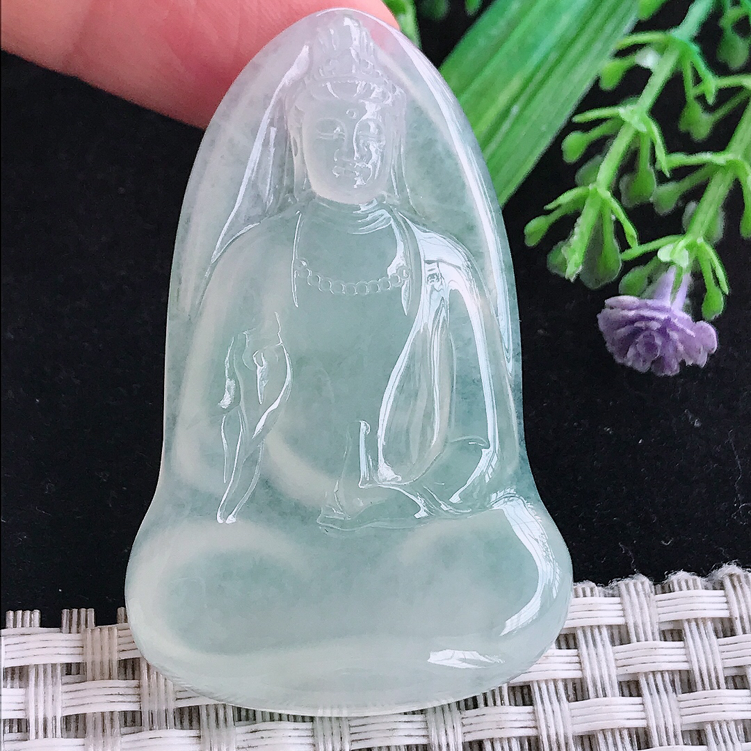 实拍A货翡翠53/33/6老坑冰种冰晴素衣观音吊坠翡翠玉挂件