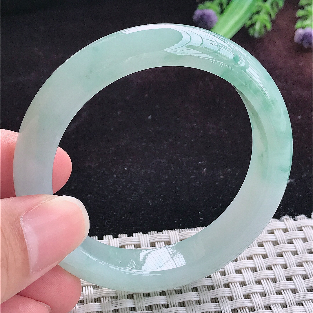 实拍A货翡翠51.3/12.2/8.2小圈口老坑冰胶飘花手镯天然玉镯平安镯女款