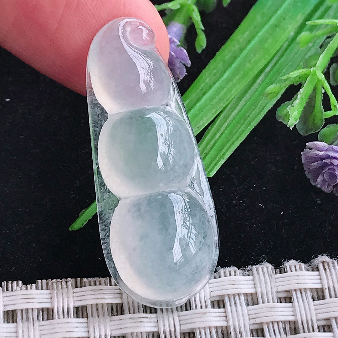 实拍A货翡翠35.5/14.4/7.1老坑白冰冰种四季豆吊坠翡翠福豆挂件