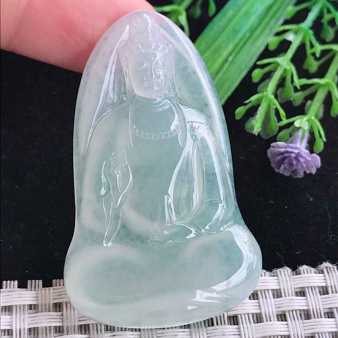 实拍A货翡翠53/33/6老坑冰种冰晴素衣观音吊坠翡翠玉挂件