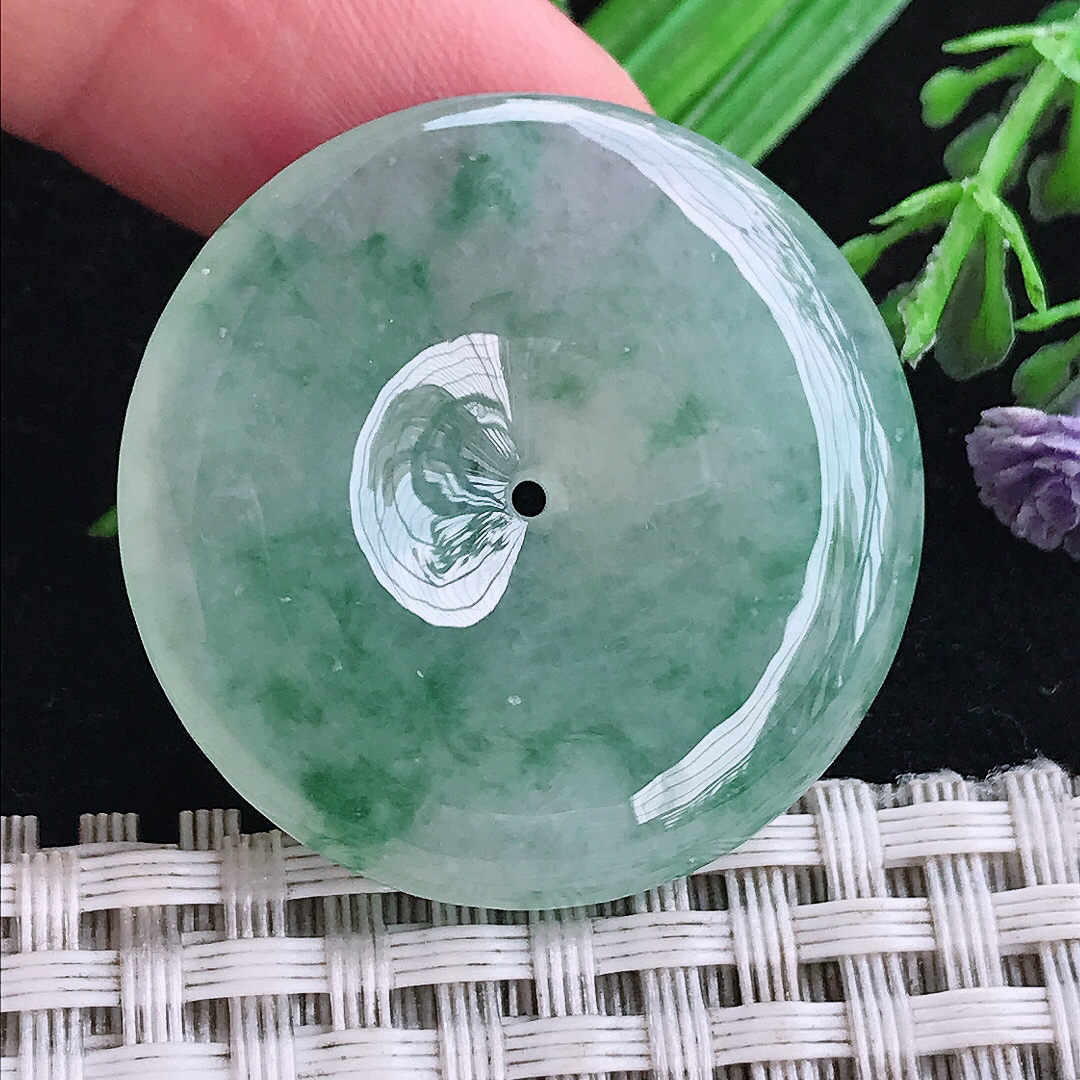 实拍A货翡翠33.3/6.3老坑冰胶果冻冰飘花平安扣吊坠翡翠玉扣挂件