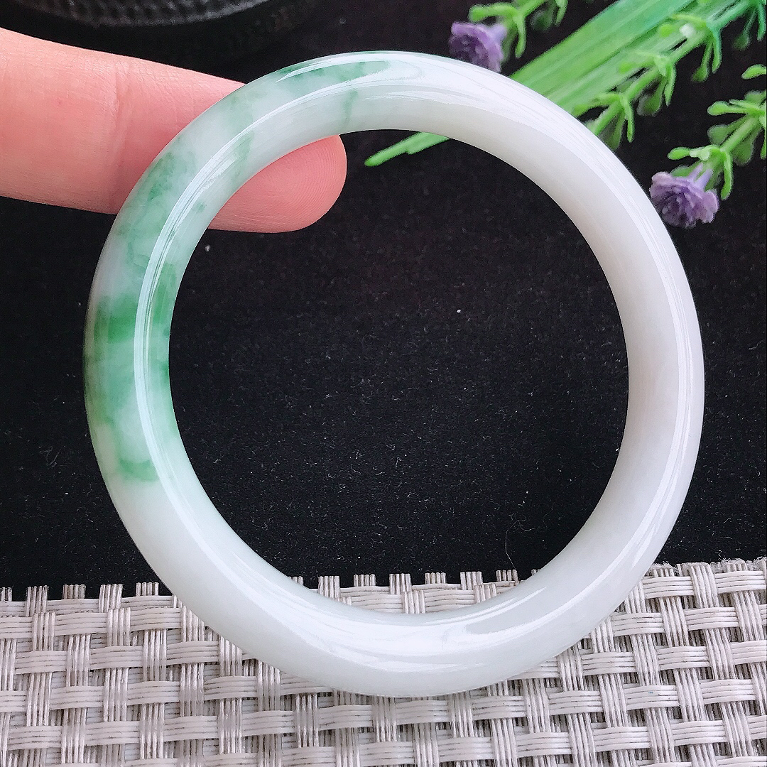 实拍A货翡翠53/8.6/8.5老坑冰润飘花圆条手镯天然玉镯平安镯女款