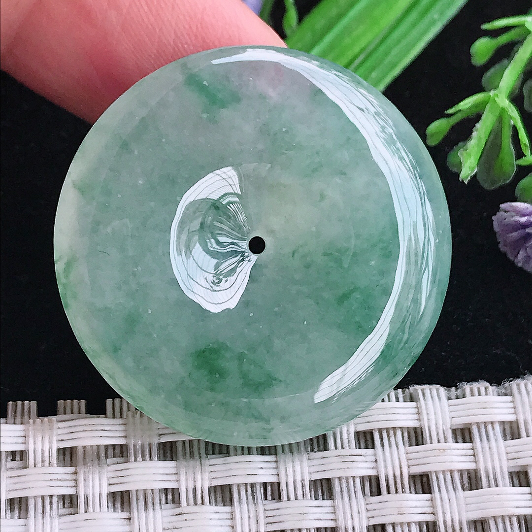 实拍A货翡翠33.3/6.3老坑冰胶果冻冰飘花平安扣吊坠翡翠玉扣挂件