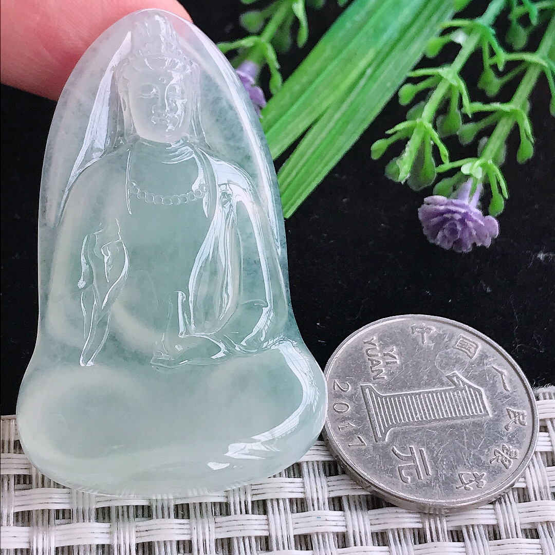 实拍A货翡翠53/33/6老坑冰种冰晴素衣观音吊坠翡翠玉挂件