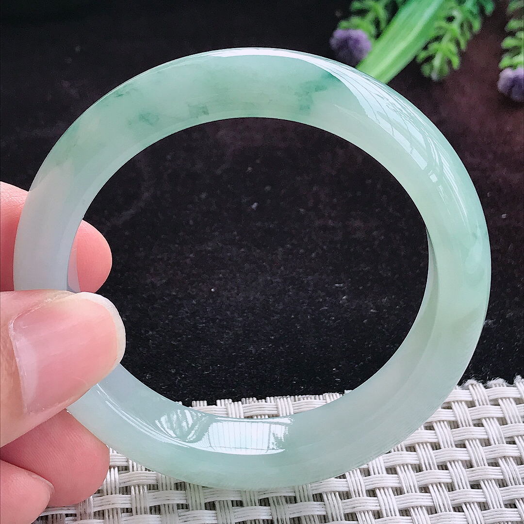实拍A货翡翠51.3/12.2/8.2小圈口老坑冰胶飘花手镯天然玉镯平安镯女款