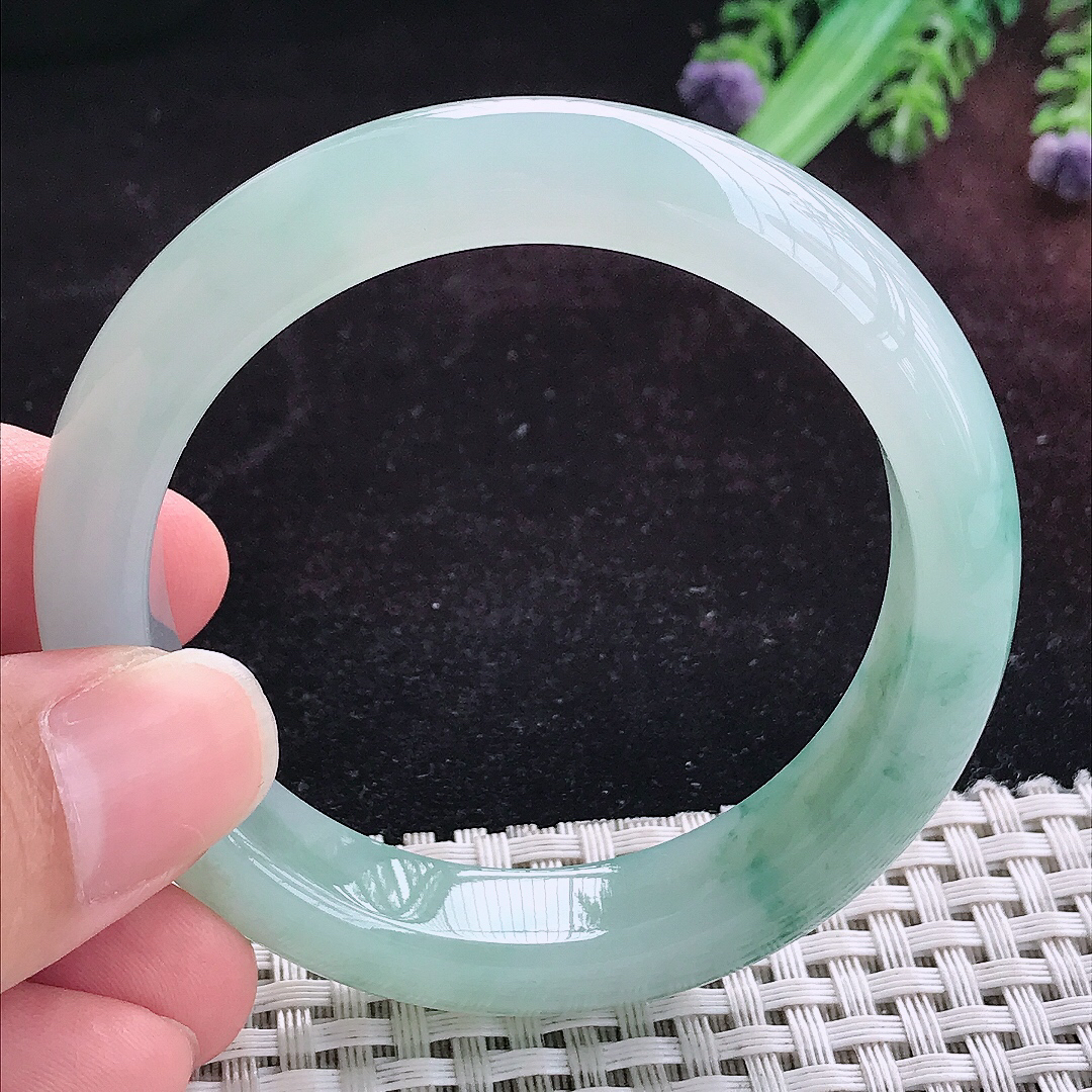 实拍A货翡翠51.3/12.2/8.2小圈口老坑冰胶飘花手镯天然玉镯平安镯女款