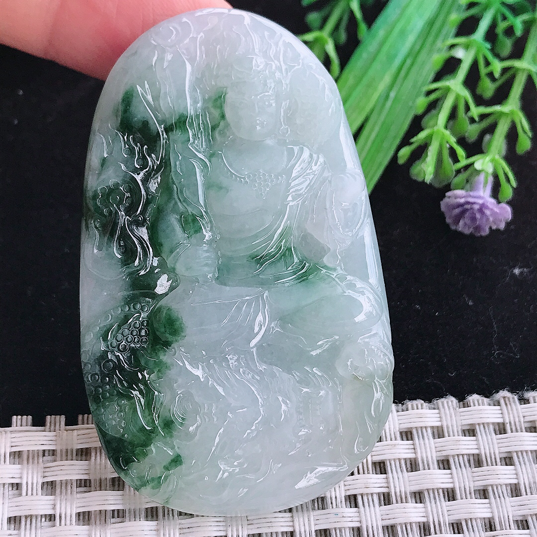 实拍A货翡翠63/38.5/6.3老坑精美冰润飘花不动明王吊坠翡翠玉挂件