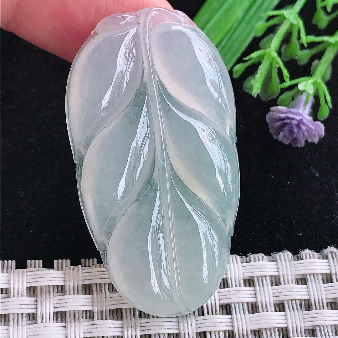 实拍A货翡翠45.6/25.5/5.5老坑冰种起胶晴底叶子吊坠翡翠玉挂件