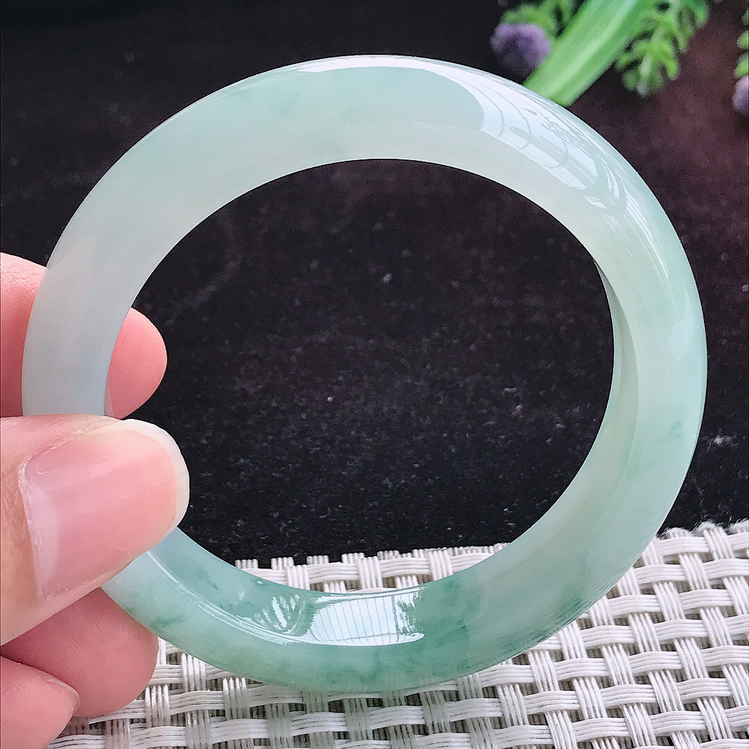 实拍A货翡翠51.3/12.2/8.2小圈口老坑冰胶飘花手镯天然玉镯平安镯女款