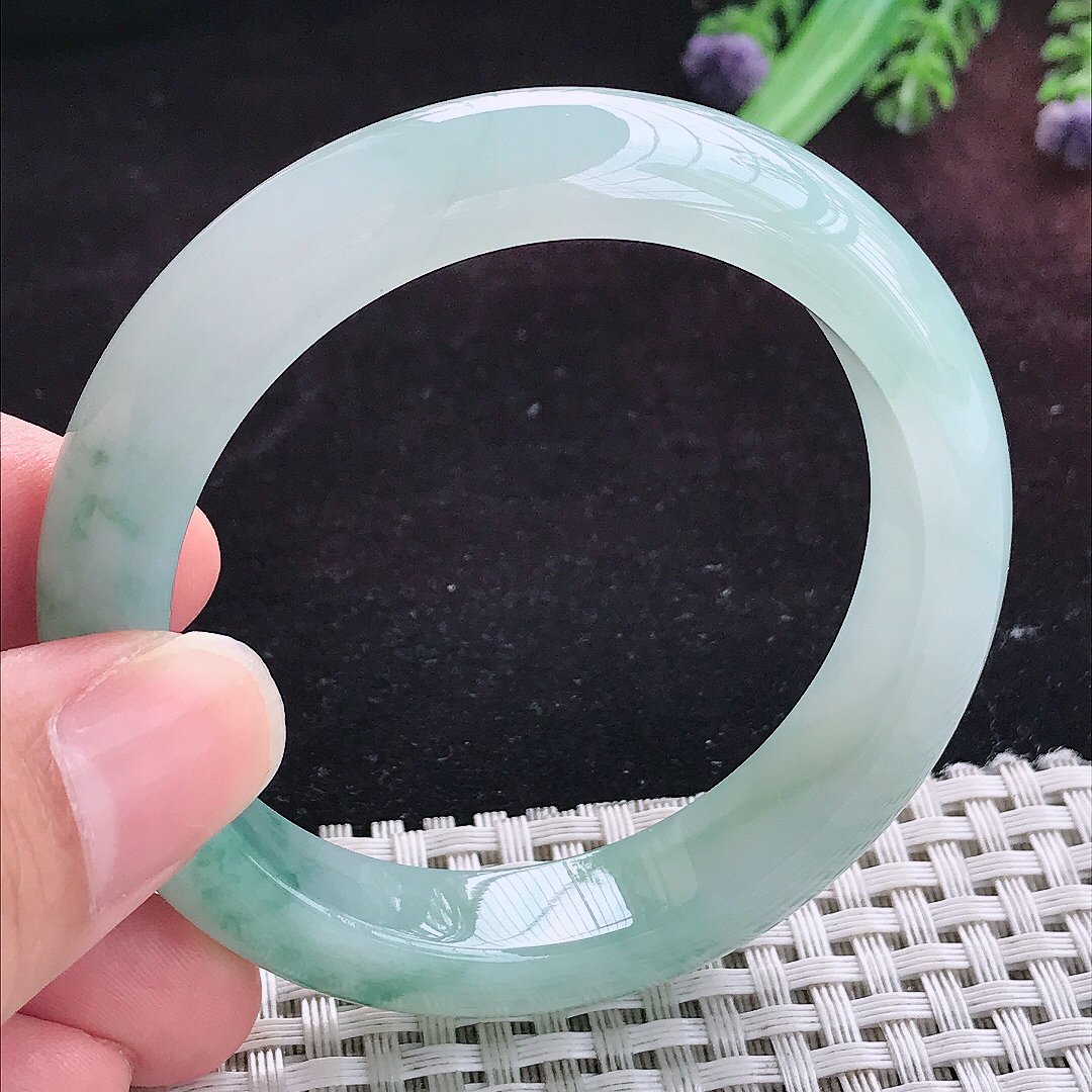 实拍A货翡翠51.3/12.2/8.2小圈口老坑冰胶飘花手镯天然玉镯平安镯女款