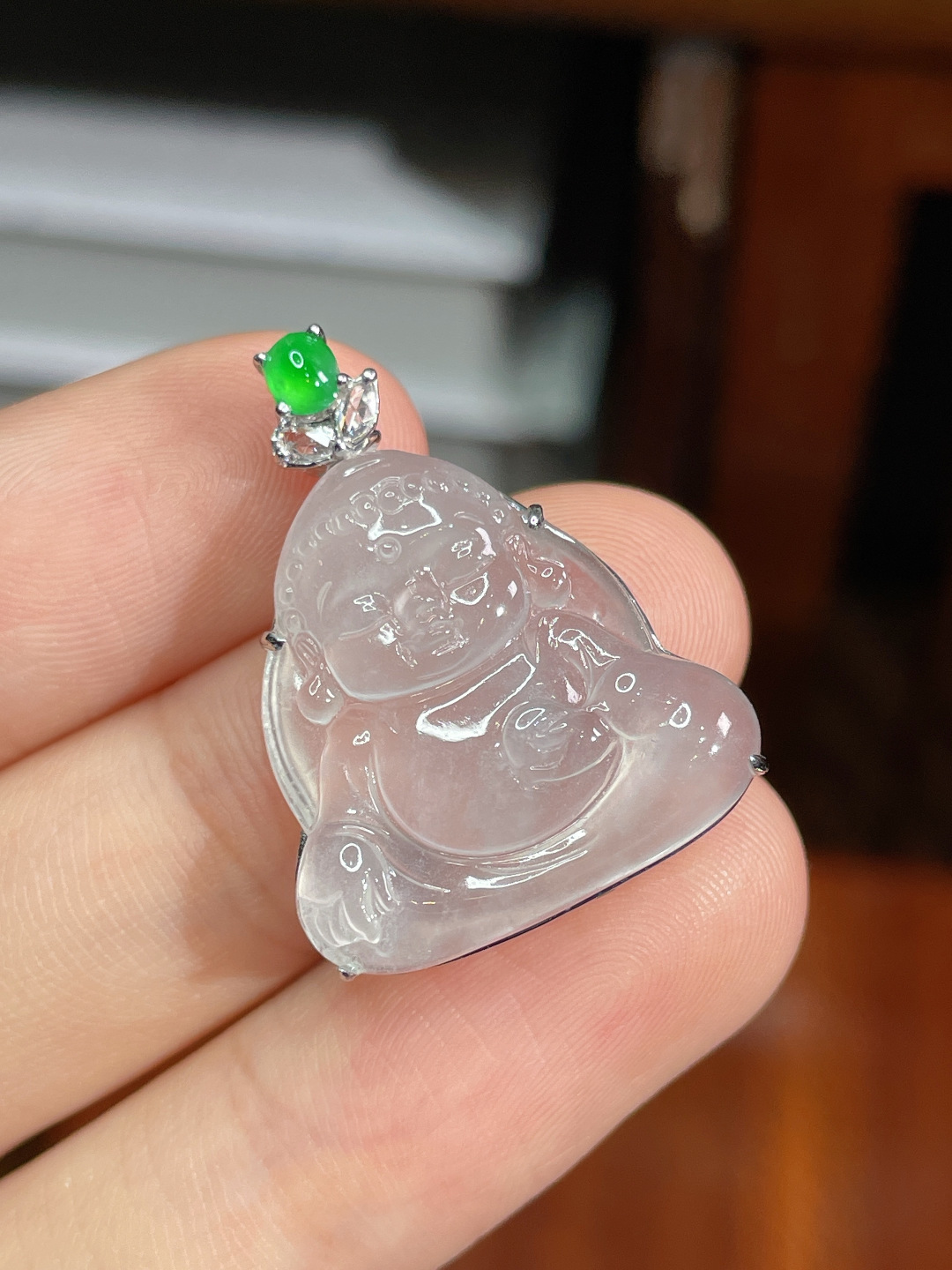 冰种佛公吊坠，无裂，18k金镶嵌，27.3-21.2-6.6