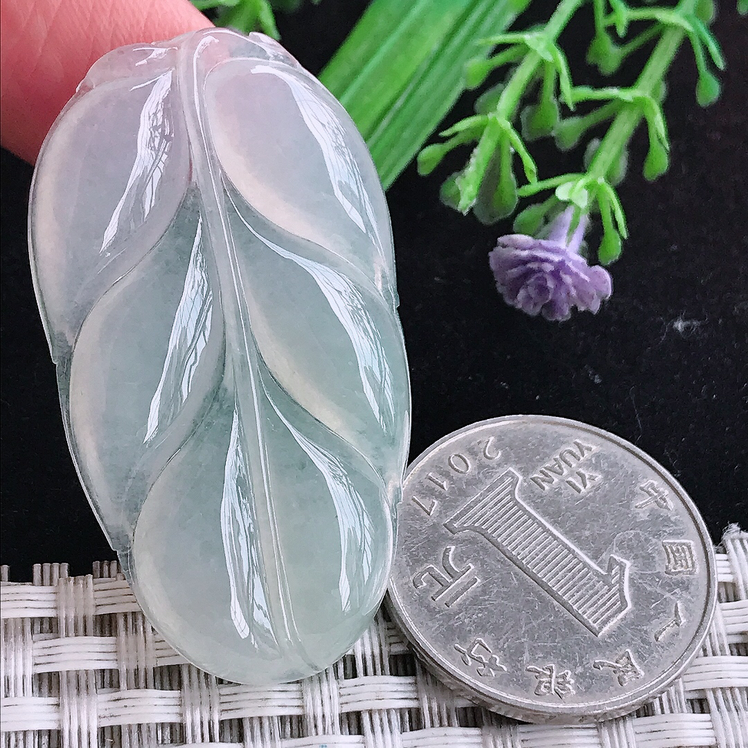 实拍A货翡翠45.6/25.5/5.5老坑冰种起胶晴底叶子吊坠翡翠玉挂件