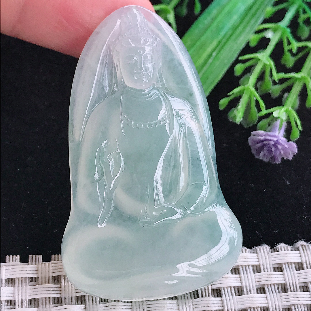 实拍A货翡翠53/33/6老坑冰种冰晴素衣观音吊坠翡翠玉挂件