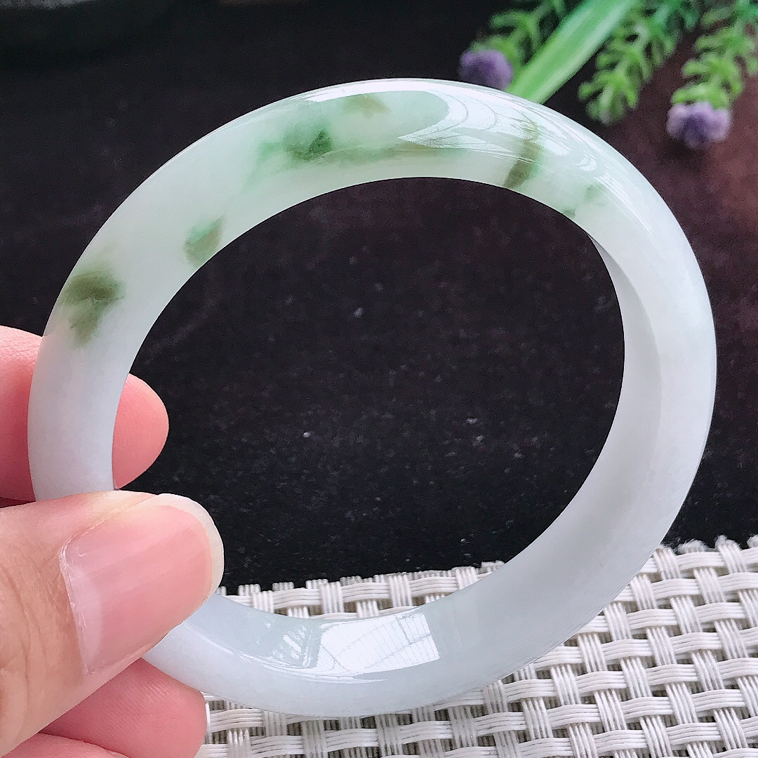 实拍A货翡翠56/12/8老坑冰润起胶飘花手镯天然玉镯平安镯女款