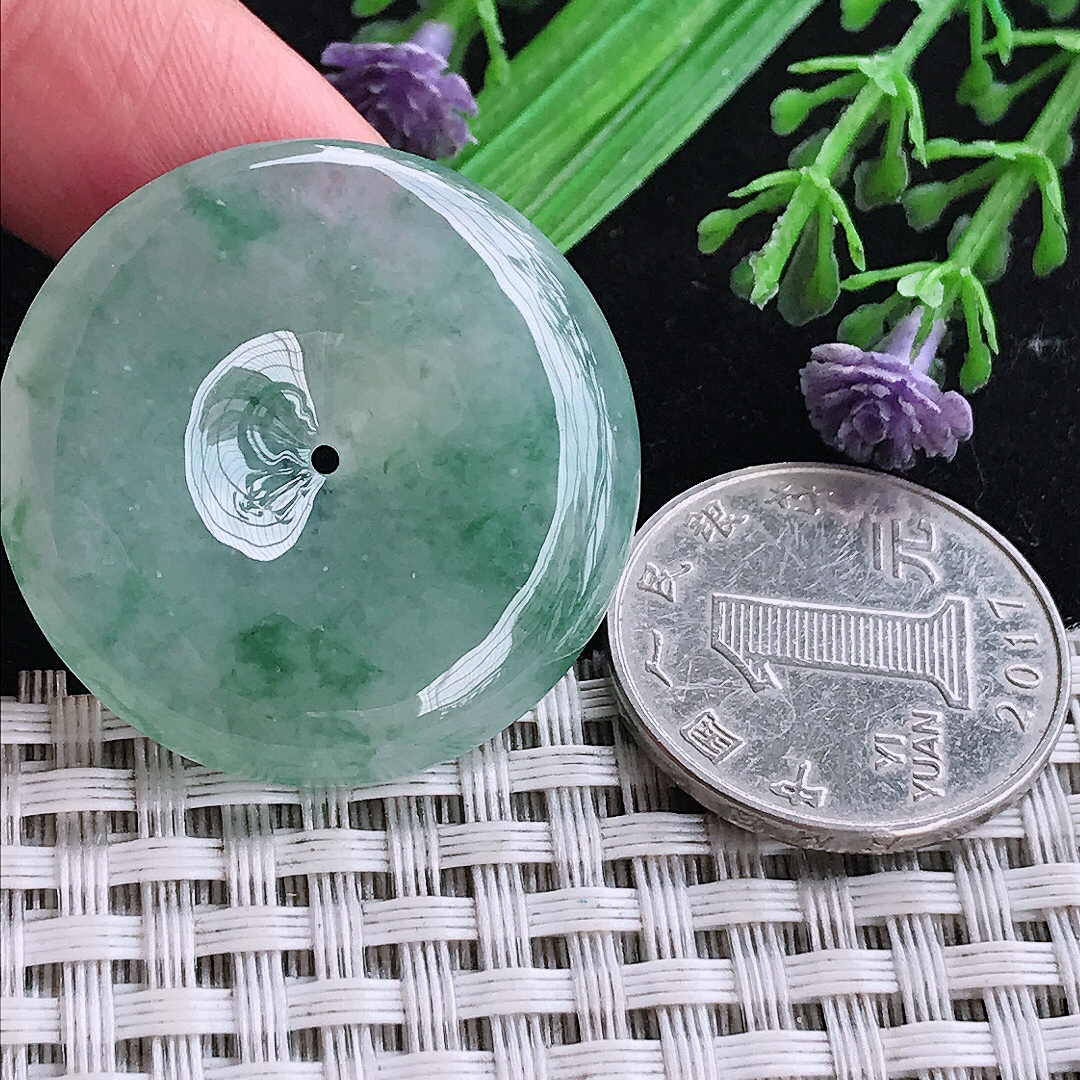 实拍A货翡翠33.3/6.3老坑冰胶果冻冰飘花平安扣吊坠翡翠玉扣挂件