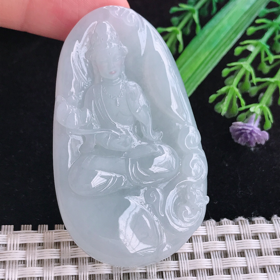 实拍A货翡翠61.3/38/6.3老坑冰润起胶白月光大势至菩萨吊坠翡翠玉挂件