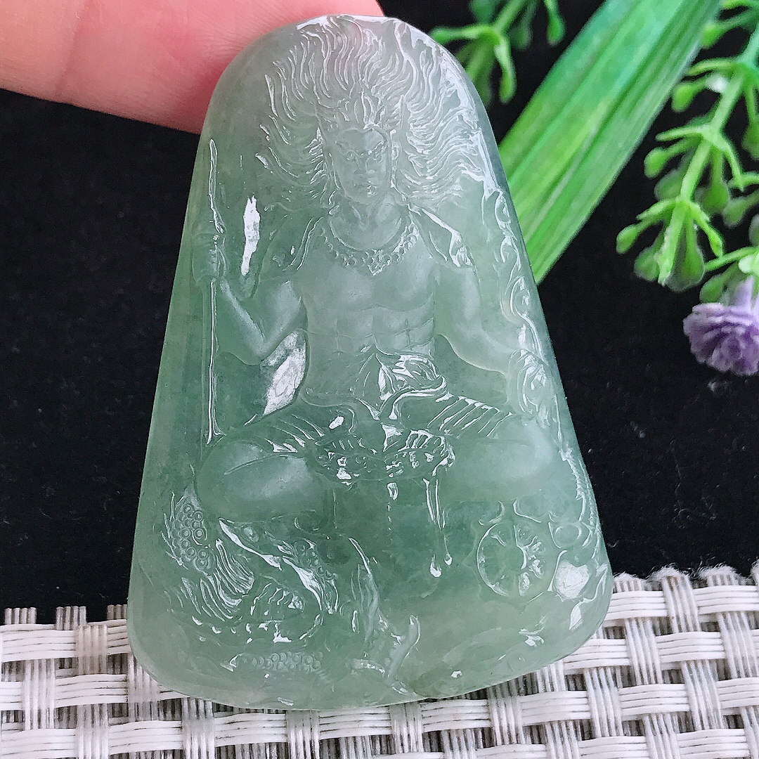 实拍A货翡翠54.8/39/5.6老坑冰胶晴底不动明王吊坠翡翠玉挂件