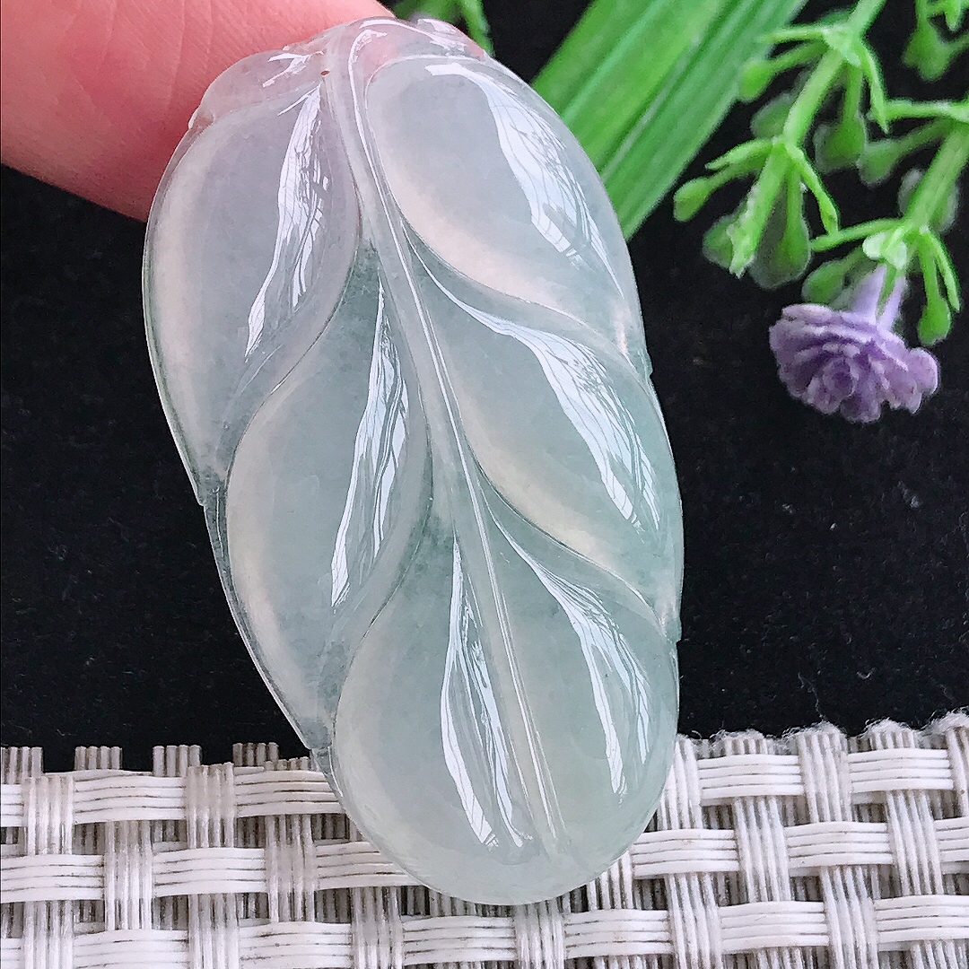 实拍A货翡翠45.6/25.5/5.5老坑冰种起胶晴底叶子吊坠翡翠玉挂件