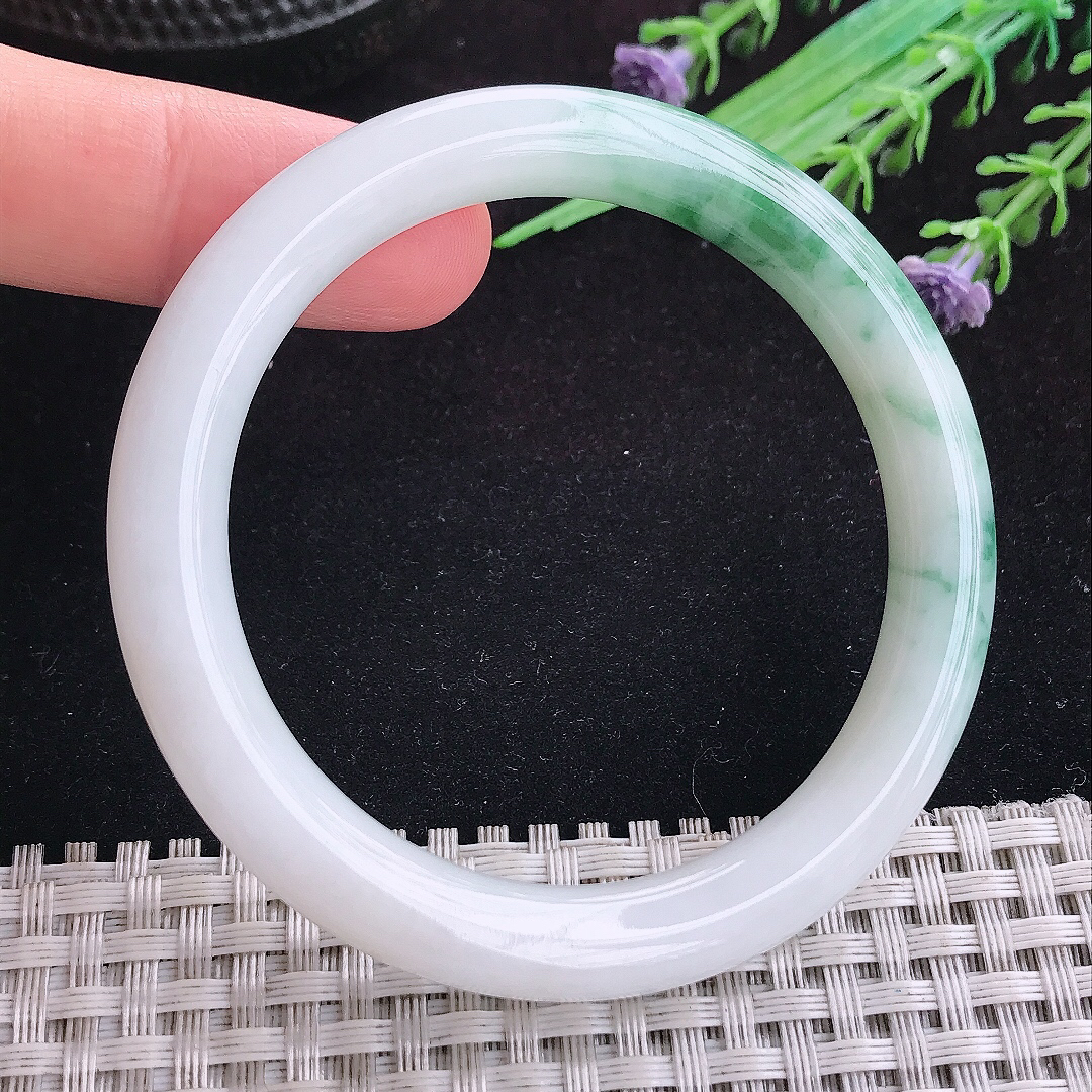 实拍A货翡翠53/8.6/8.5老坑冰润飘花圆条手镯天然玉镯平安镯女款