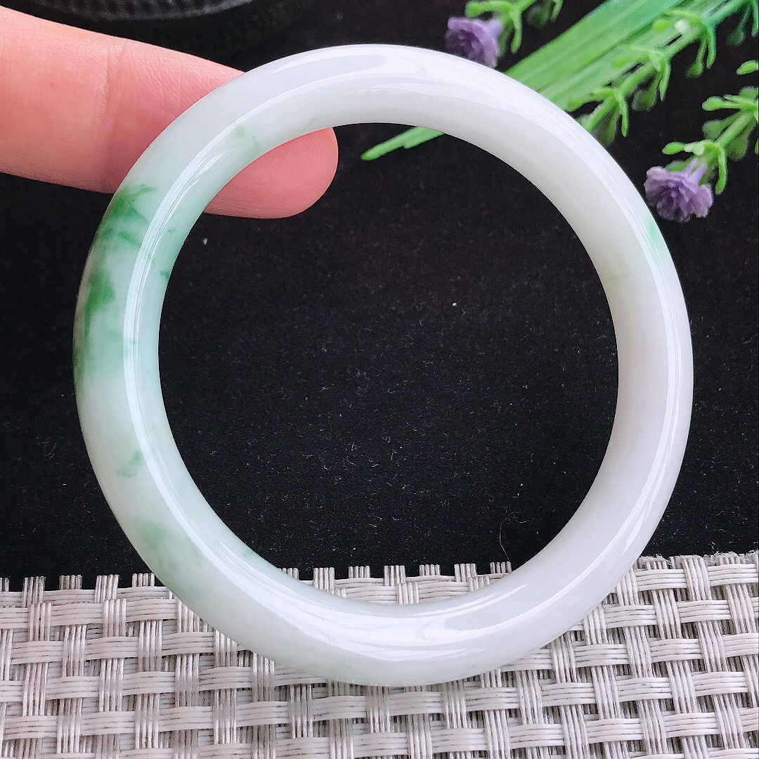 实拍A货翡翠53/8.6/8.5老坑冰润飘花圆条手镯天然玉镯平安镯女款