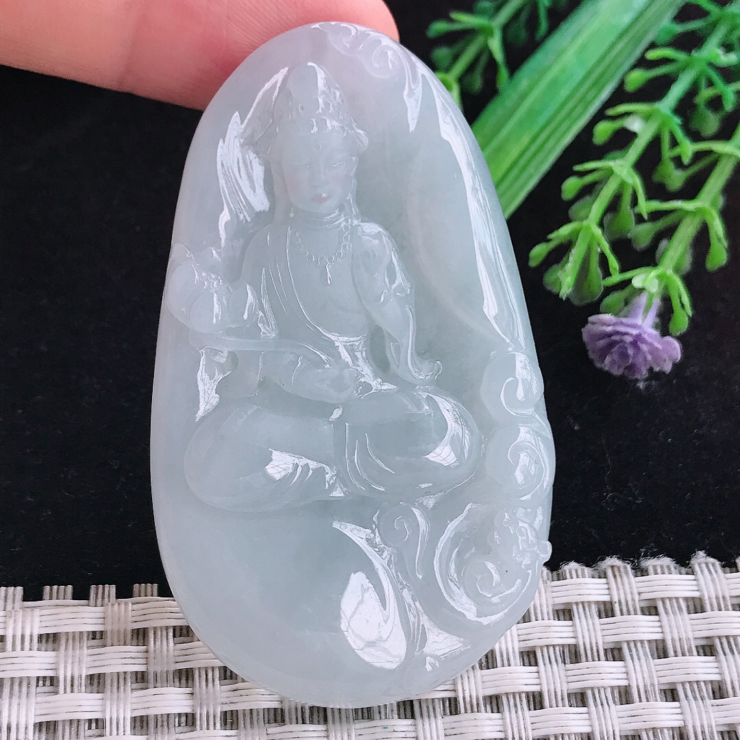 实拍A货翡翠61.3/38/6.3老坑冰润起胶白月光大势至菩萨吊坠翡翠玉挂件
