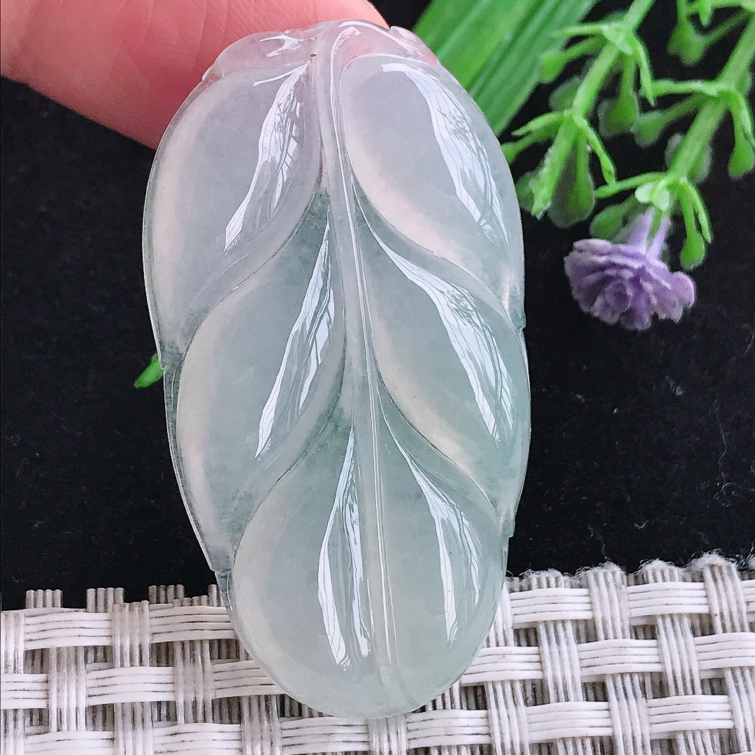 实拍A货翡翠45.6/25.5/5.5老坑冰种起胶晴底叶子吊坠翡翠玉挂件