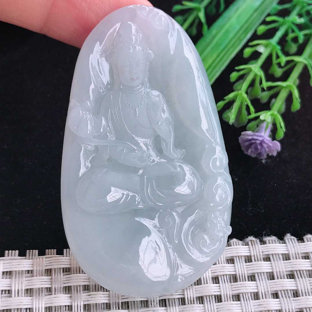 实拍A货翡翠61.3/38/6.3老坑冰润起胶白月光大势至菩萨吊坠翡翠玉挂件