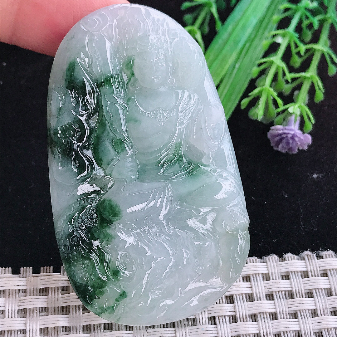 实拍A货翡翠63/38.5/6.3老坑精美冰润飘花不动明王吊坠翡翠玉挂件