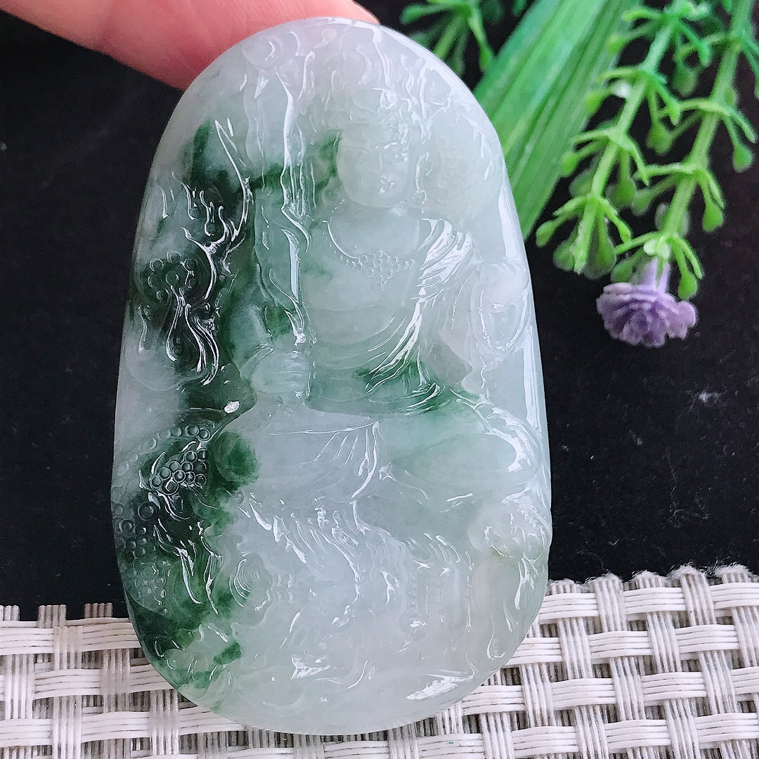 实拍A货翡翠63/38.5/6.3老坑精美冰润飘花不动明王吊坠翡翠玉挂件
